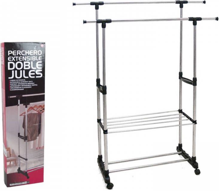 Gerimport Dubbele Kledingrek Op Wielen Met Instelbare Hoogte En Met Schoenenrek 90x146cm/92x160cm Mobiel