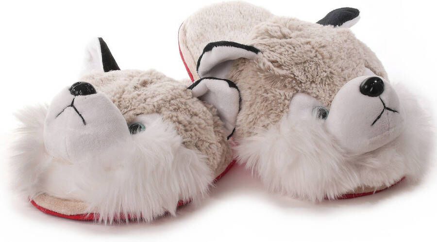 Merkloos Witte/grijze Husky Hond Instap Pantoffels/sloffen Voor Dames 38 40 Sloffen Volwassenen