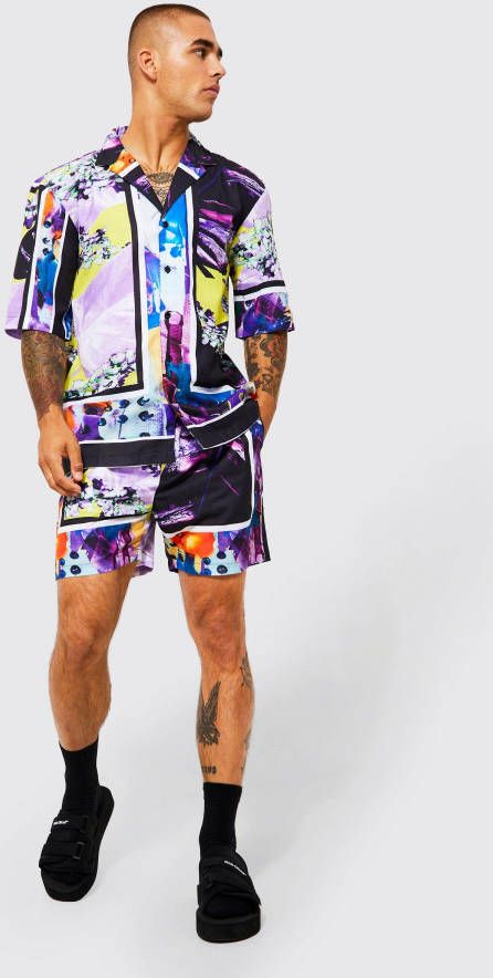 boohoo Abstract Slub Drop Overhemd Met Revers Kraag En Shorts, Multi