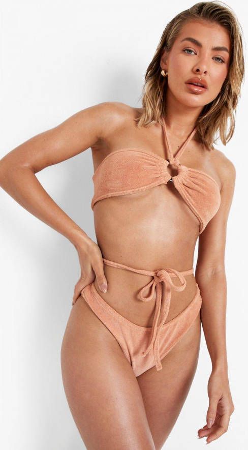 boohoo Badstoffen Bikini Broekje Met Ceintuur, Mocha