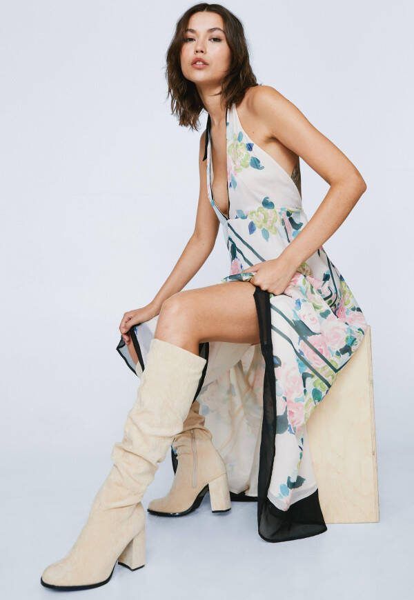 boohoo Baggy Nep Suè, de Knielaarzen, Light Beige