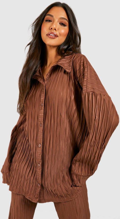 boohoo Baggy Plisse Oversized Blouse Met Textuur, Chocolate