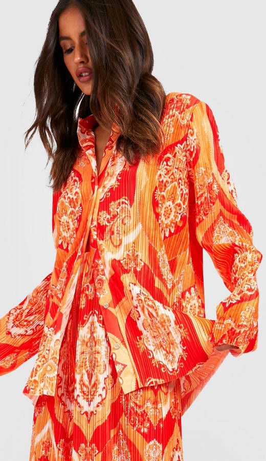 boohoo Baggy Plisse Paisley Print Blouse, Orange