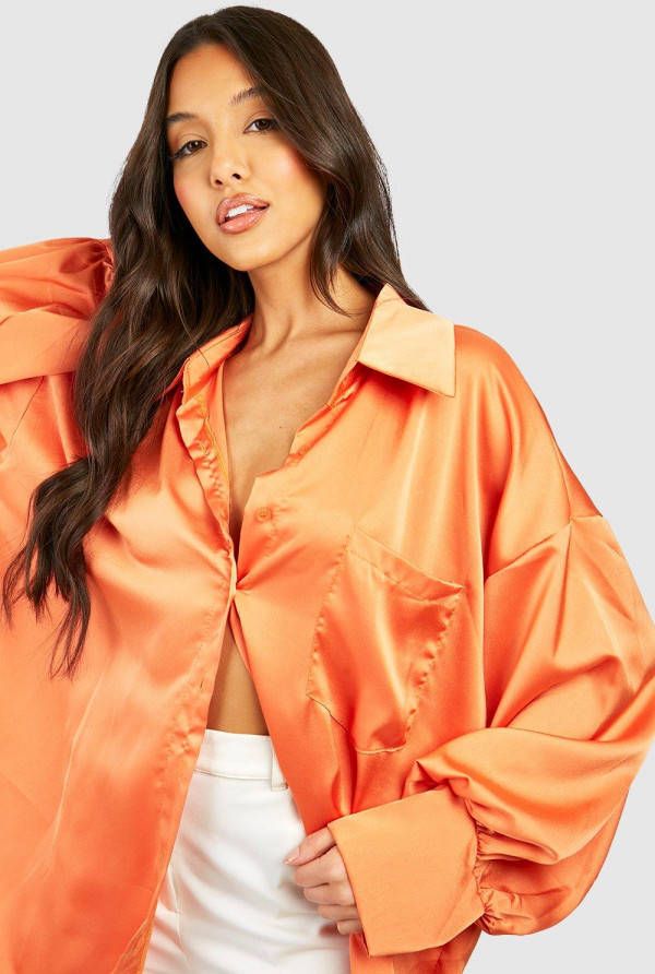 boohoo Baggy Satijnen Long Line Blouse, Orange