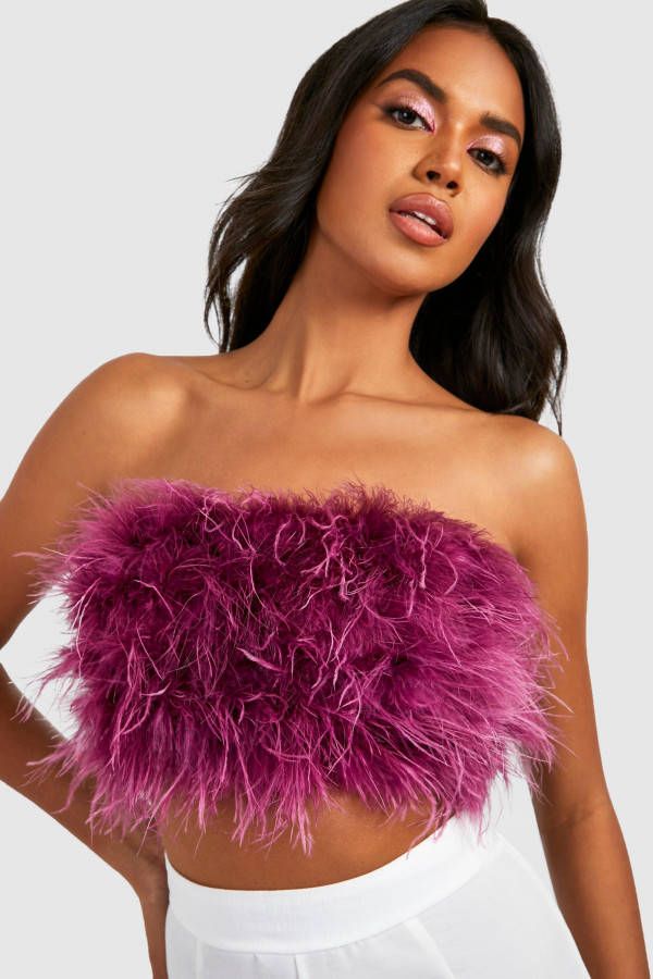 boohoo Bandeau Crop Top Met Veren, Purple