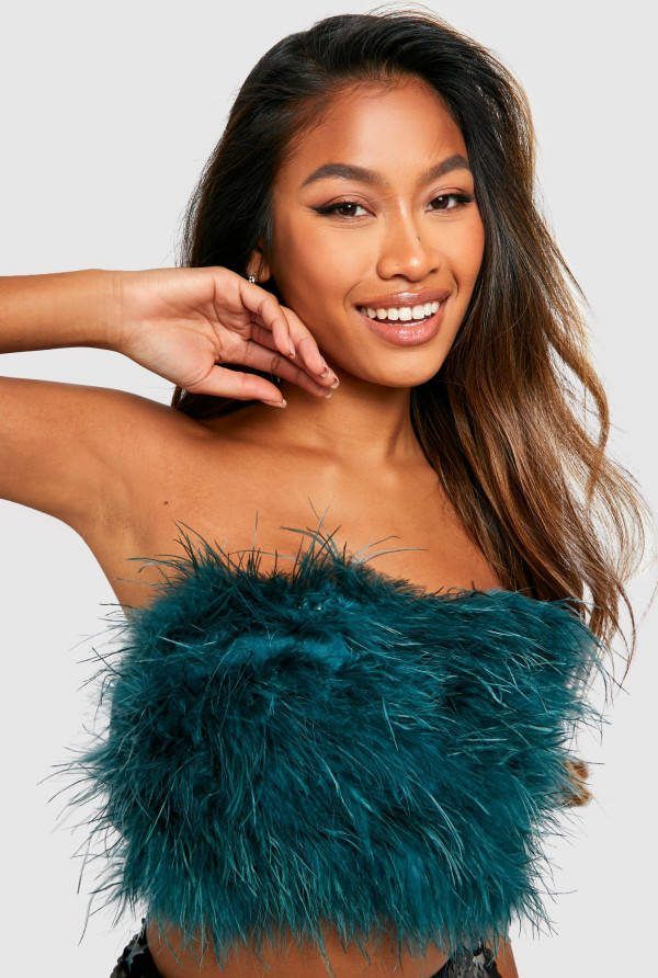 boohoo Bandeau Crop Top Met Veren, Teal