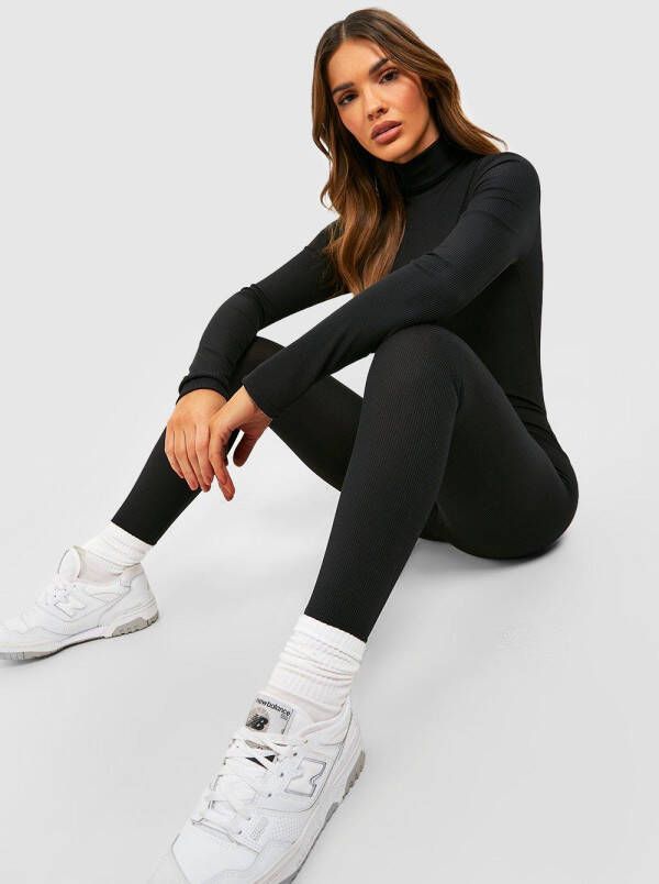 boohoo Basic Geribbelde Contour Unitard Jumpsuit Met Col, Black