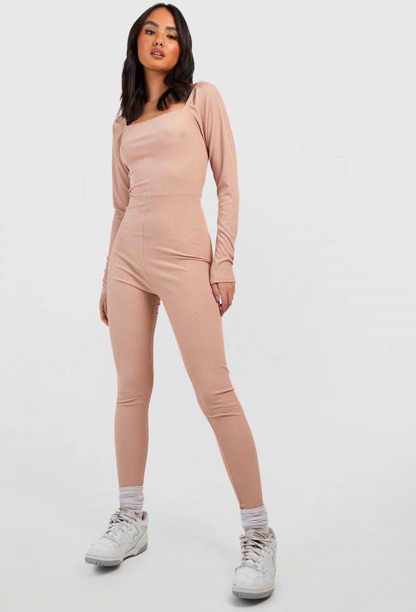 boohoo Basic Geribbelde Unitard Jumpsuit Met Vierkante Hals En Lange Mouwen, Stone