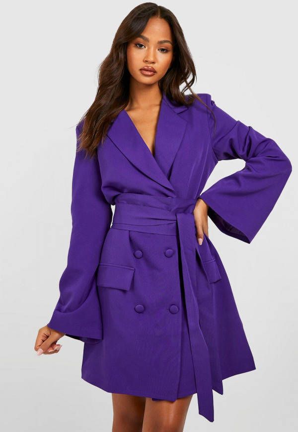 boohoo Blazer Jurk Met Obi Ceintuur En Wijde Mouwen, Purple