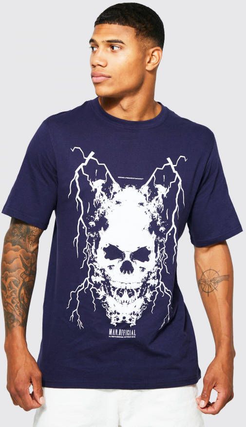 boohoo Bliksem Schedel T Shirt Met Print, Navy