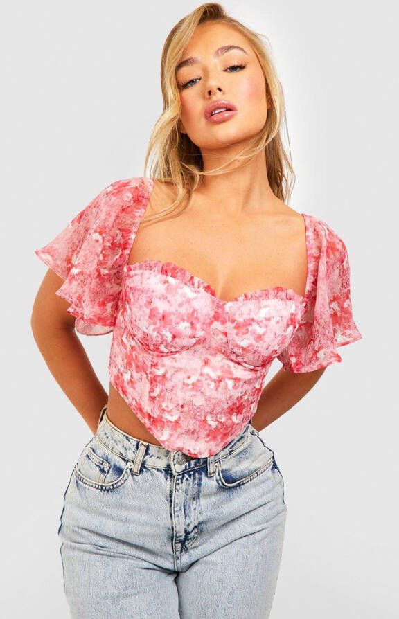 boohoo Bloemen Corset Top Met Engelenmouwen, Pink