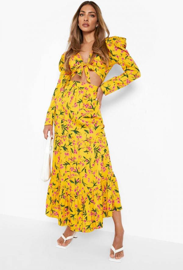 boohoo Bloemen Crop Top En Maxi Rok Met Pofmouwen, Yellow