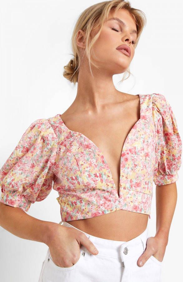 boohoo Bloemen Crop Top Met Pofmouwen, Pink