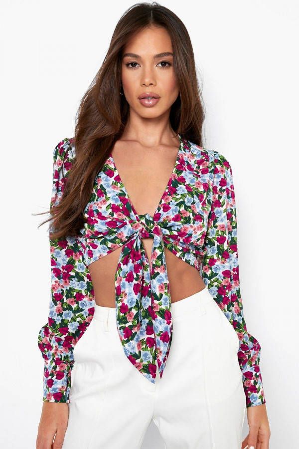 boohoo Bloemen Crop Top Met Strik, Pink