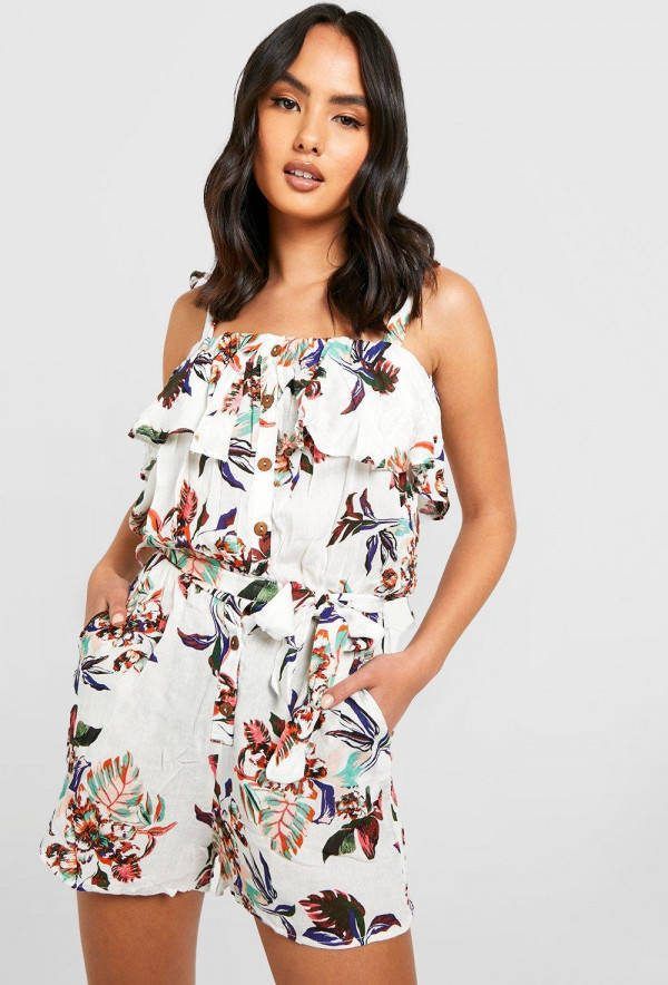 boohoo Bloemen Romper Met Knoop Detail, White