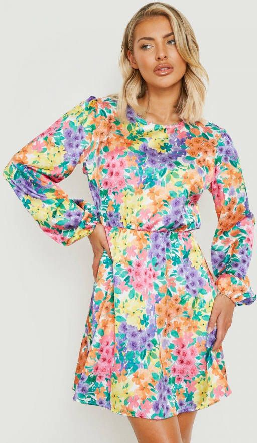 boohoo Bloemen Skater Jurk Met Volle Mouwen, Multi