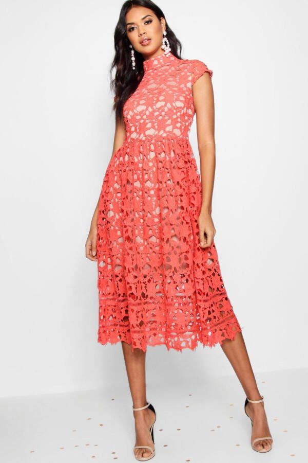 boohoo Boutique Kanten Midi Bruidsmeisjes Skater Jurk, Red