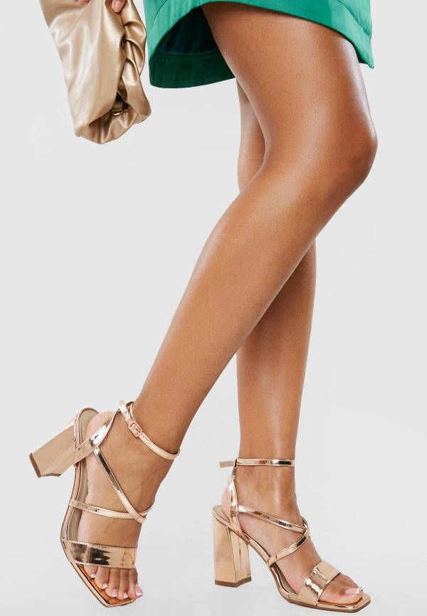 boohoo Brede Gekruiste Blokhakken, Rose Gold