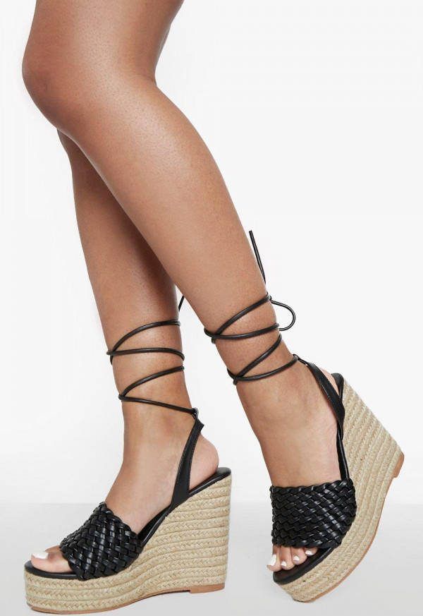 boohoo Brede Hoge Geweven Sleehakken, Black
