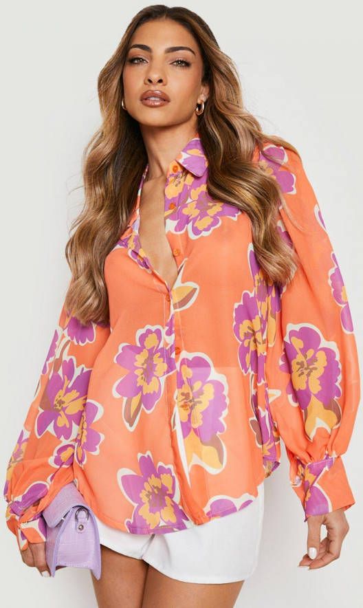boohoo Chiffon Bloemen Blouse Met Ballonmouwen, Orange