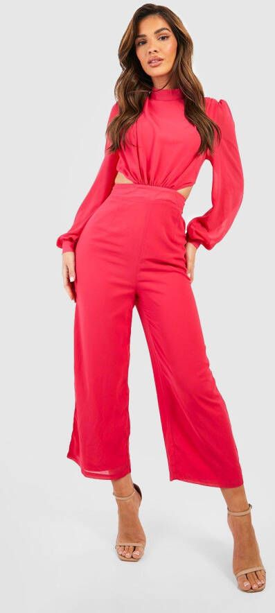 boohoo Chiffon Culotte Jumpsuit Met Cut Out Detail, Pink