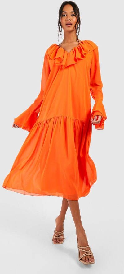 boohoo Chiffon Midaxi Jurk Met Ruches, Orange