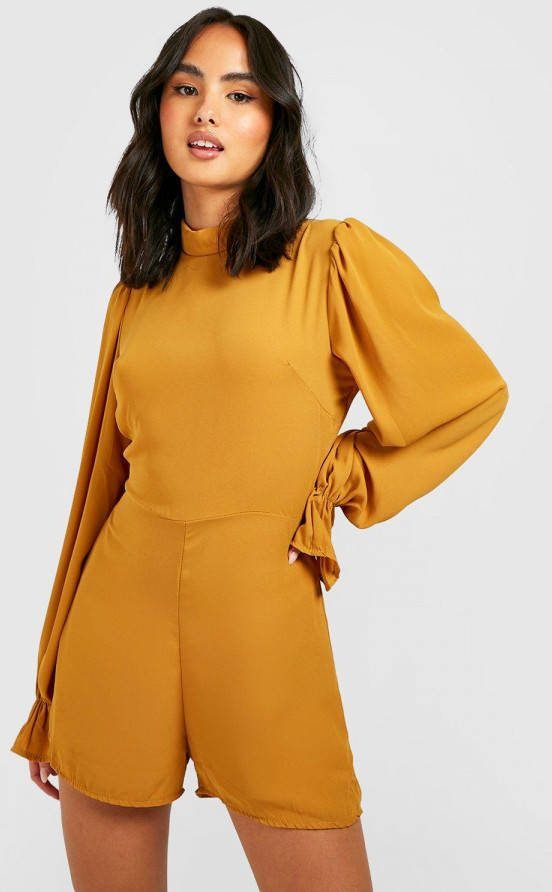boohoo Chiffon Romper Met Hoge Hals, Mustard