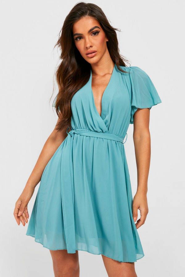boohoo Chiffon Skater Jurk Met Engelenmouwen, Teal