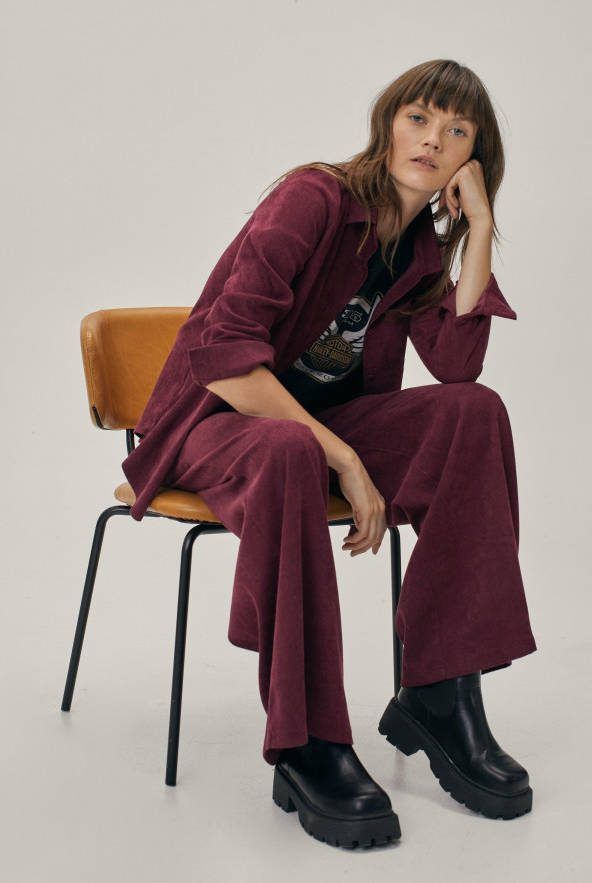 boohoo Corduroy Set Met Wide Leg Broek, Burgundy