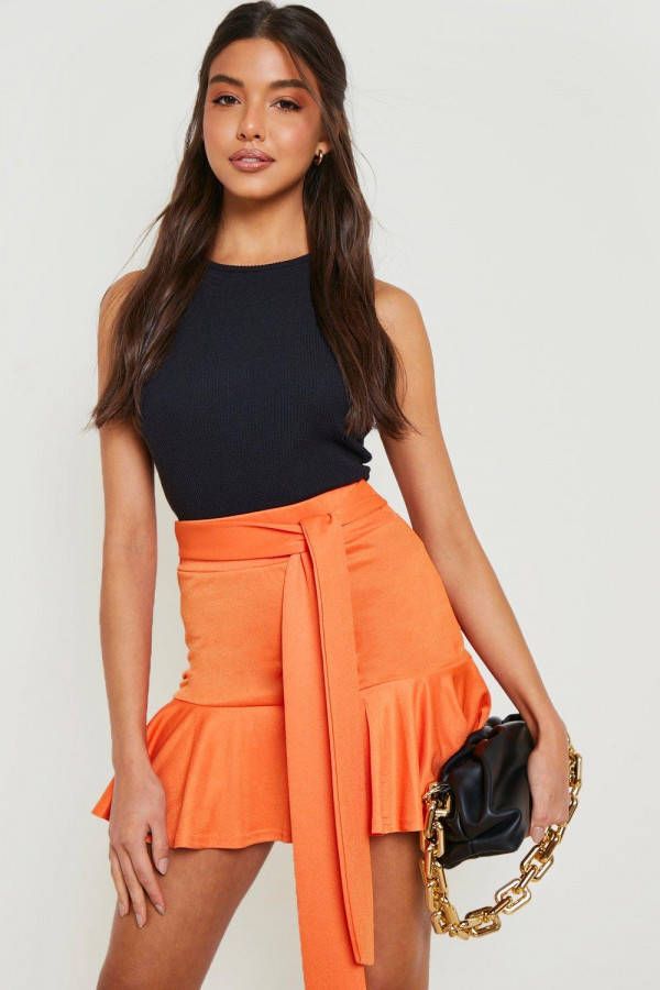 boohoo Crê, pe Skort Met Franjes En Ceintuur, Orange