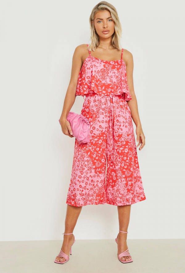 boohoo Culotte Jumpsuit Met Bandjes En Ceintuur, Pink