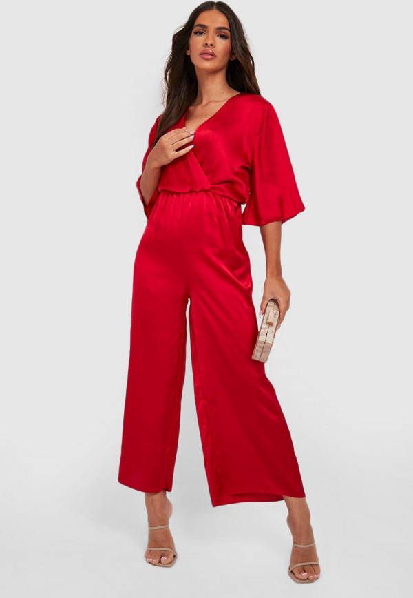 boohoo Culotte Jumpsuit Met Engelenmouwen, Red