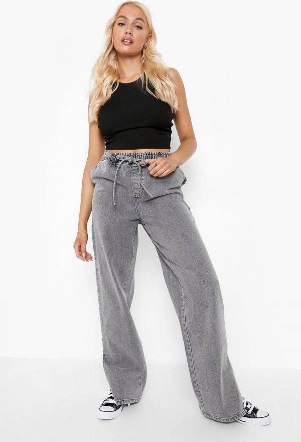 boohoo Denim Joggingbroek Met Split En Wijde Pijpen, Grey
