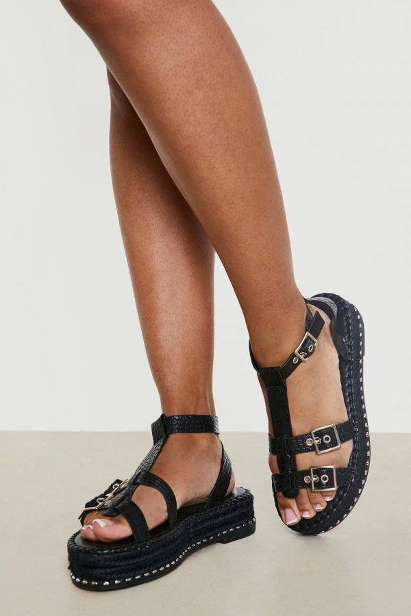 boohoo Dikke Espadrille Krokodillen Sandalen, Black Croc