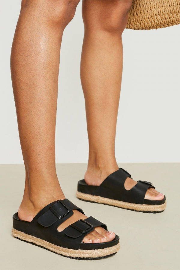 boohoo Dikke Espadrille Slippers Met Gesp, Black