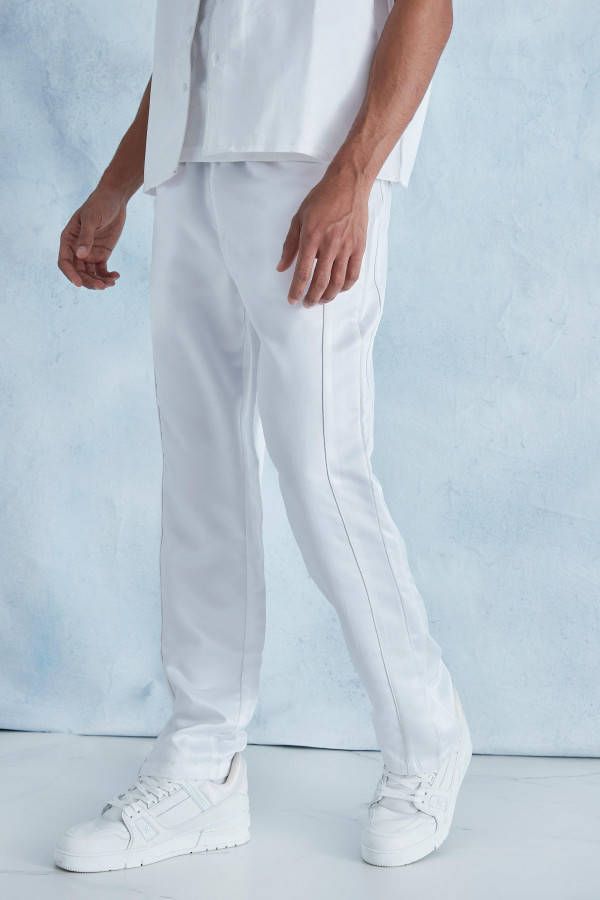 boohoo Dikke Satijnen Broek Met Rechte Pijpen En Biezen, White
