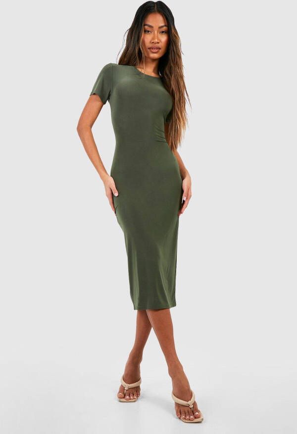 boohoo Dikke Strakke Premium Midi Jurk Met Korte Mouwen, Khaki