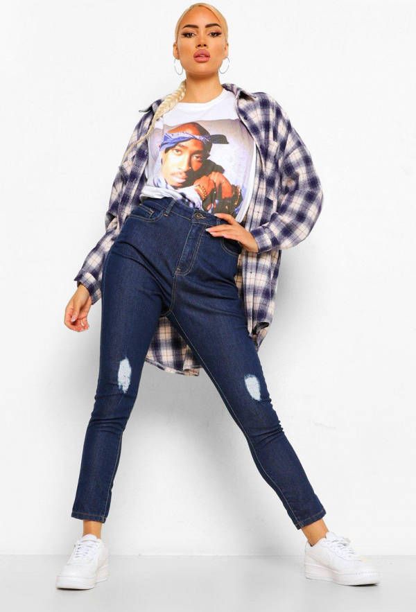 boohoo Versleten Skinny Jeans Met Hoge Taille, Indigo