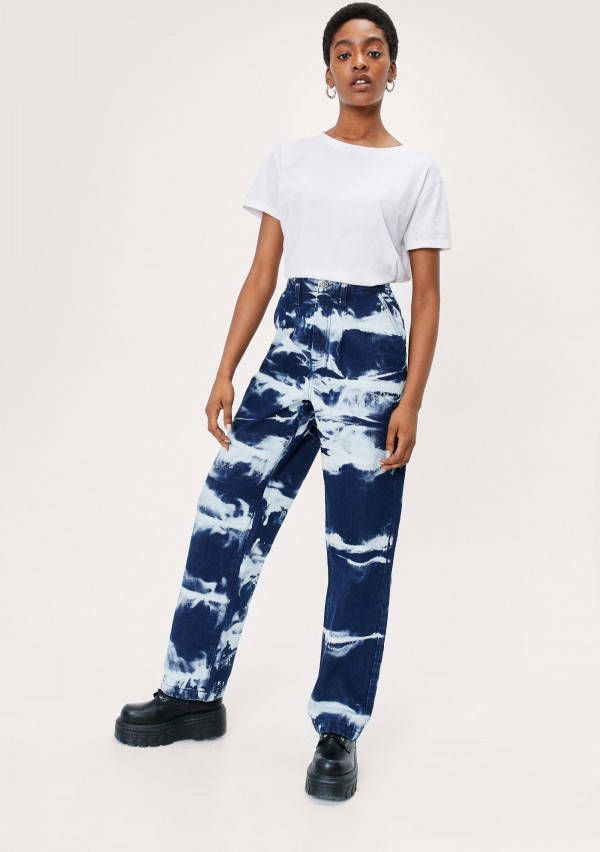 boohoo Duurzame Gebleekte Marmerprint Jeans Met Rechte Pijpen, Indigo