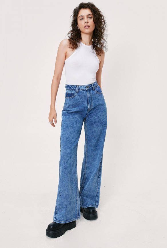 boohoo Duurzame High Waist Wide Leg Jeans, Mid Blue