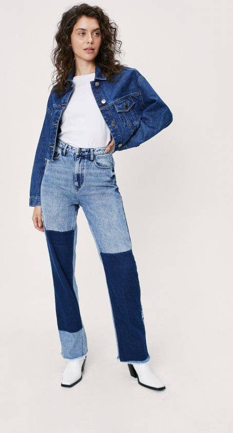 boohoo Duurzame Jeans Met Rechte Pijpen En Patches, Mid Blue