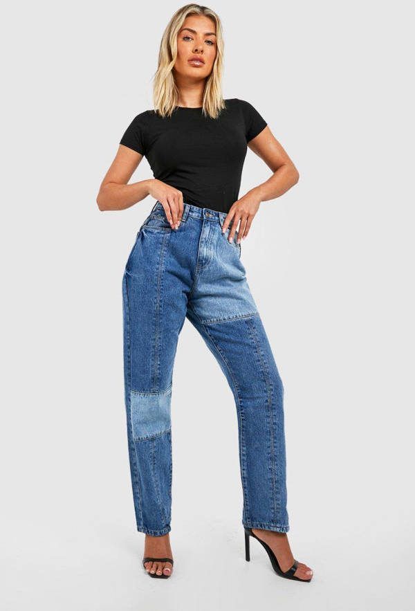 boohoo Duurzame Mom Jeans Met Patches En Naaddetail, Vintage Blue