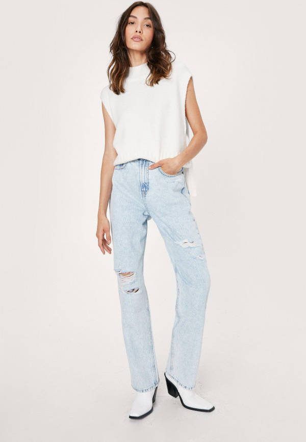 boohoo Duurzame Versleten Jeans Met Rechte Pijpen, Light Blue