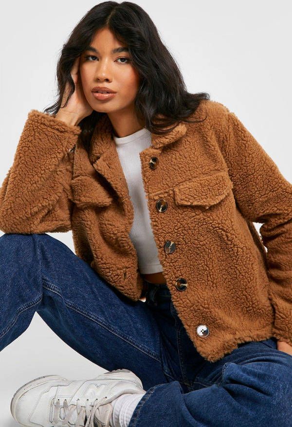 boohoo Faux Fur Teddy Trucker Jas, Camel