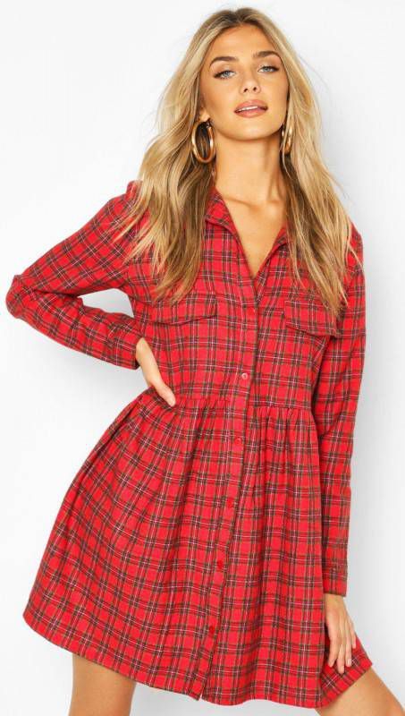 boohoo Skater Jurk Met Geruit Zakdetail, Rood