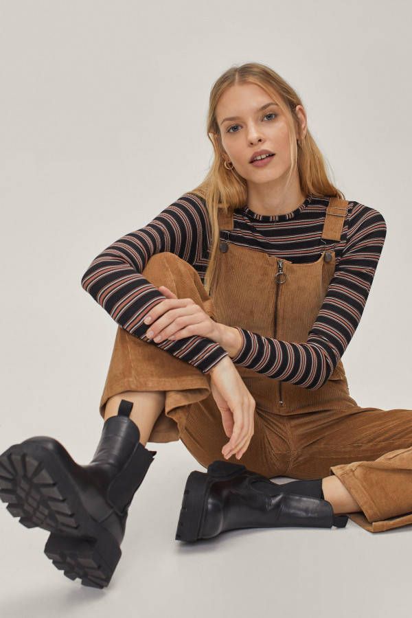 boohoo Flared Corduroy Overall Met Rits Detail, Tan