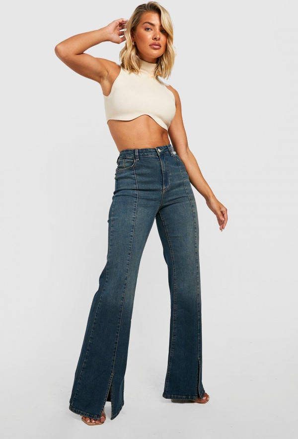 boohoo Flared High Waist Jeans Met Split, Vintage Blue