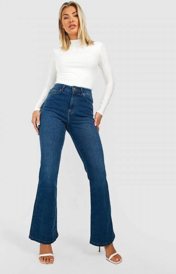 boohoo Flared High Waist Jeans, Mid Blue