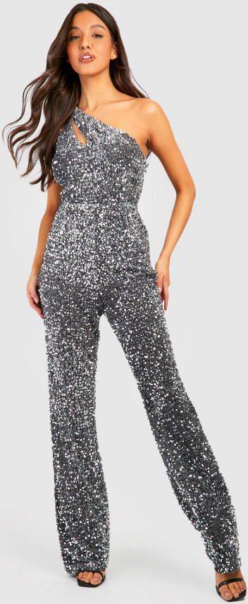 boohoo Fluwelen Glitter Jumpsuit Met Pailletten En Eé, n Open Schouder, Silver