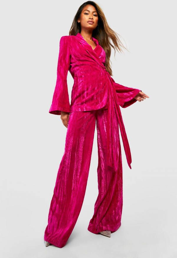 boohoo Fluwelen High Waist Wide Leg Broek, Hot Pink